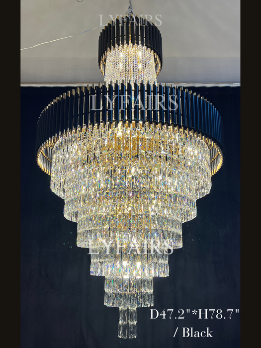Lampadario di cristallo di lusso extra large moderno multistrato oro/nero chiaro per soggiorno a 2 piani, foyer