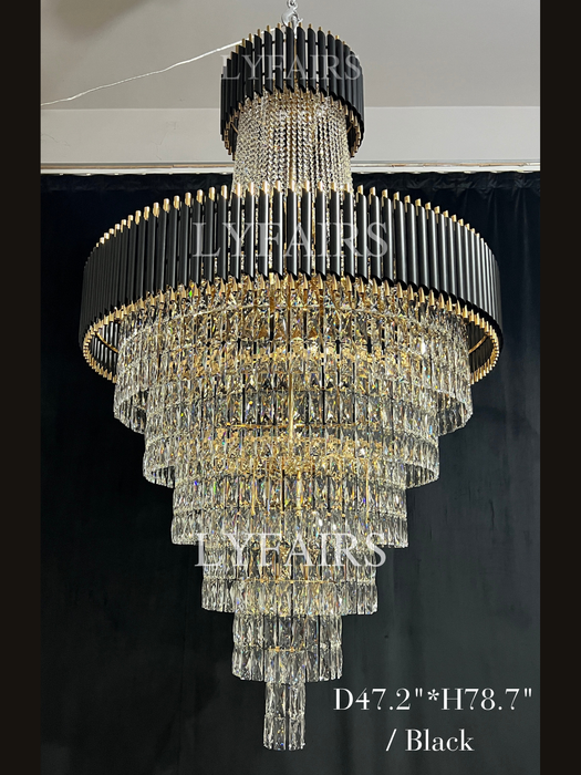 Lampadario di cristallo di lusso extra large moderno multistrato oro/nero chiaro per soggiorno a 2 piani, foyer