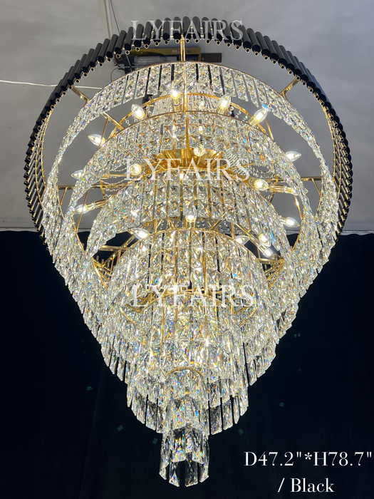 Lampadario di cristallo di lusso extra large moderno multistrato oro/nero chiaro per soggiorno a 2 piani, foyer
