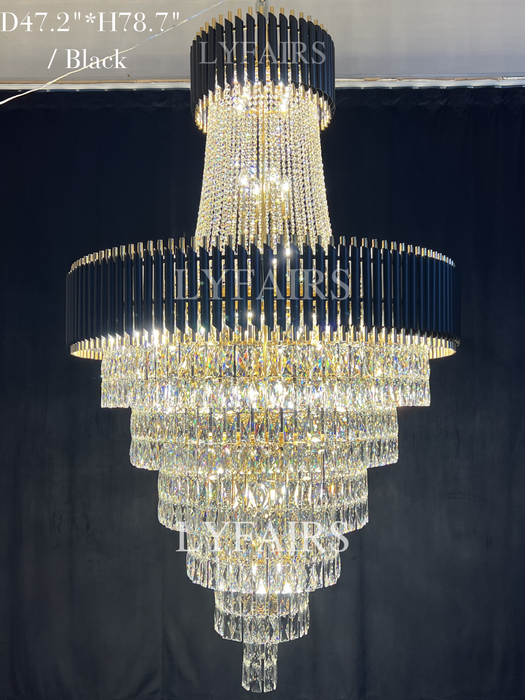Lampadario di cristallo di lusso extra large moderno multistrato oro/nero chiaro per soggiorno a 2 piani, foyer