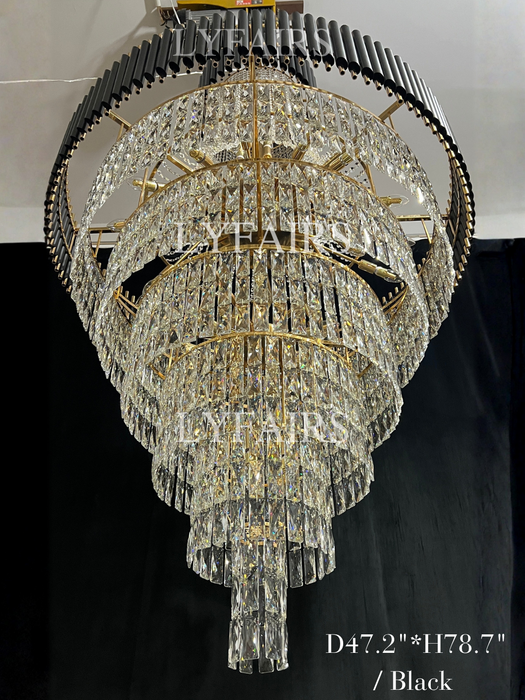 Lampadario di cristallo di lusso extra large moderno multistrato oro/nero chiaro per soggiorno a 2 piani, foyer