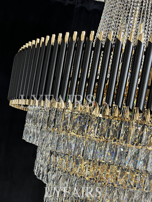 Lampadario di cristallo di lusso extra large moderno multistrato oro/nero chiaro per soggiorno a 2 piani, foyer