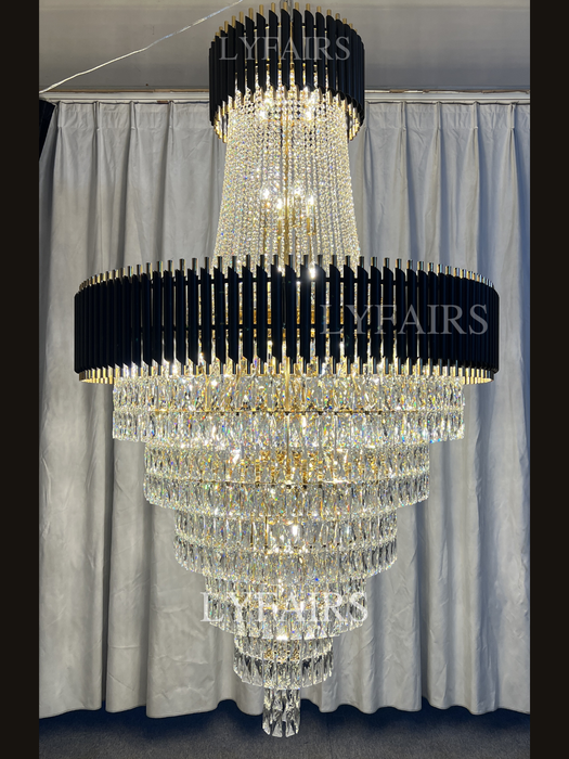 Lampadario di cristallo di lusso extra large moderno multistrato oro/nero chiaro per soggiorno a 2 piani, foyer