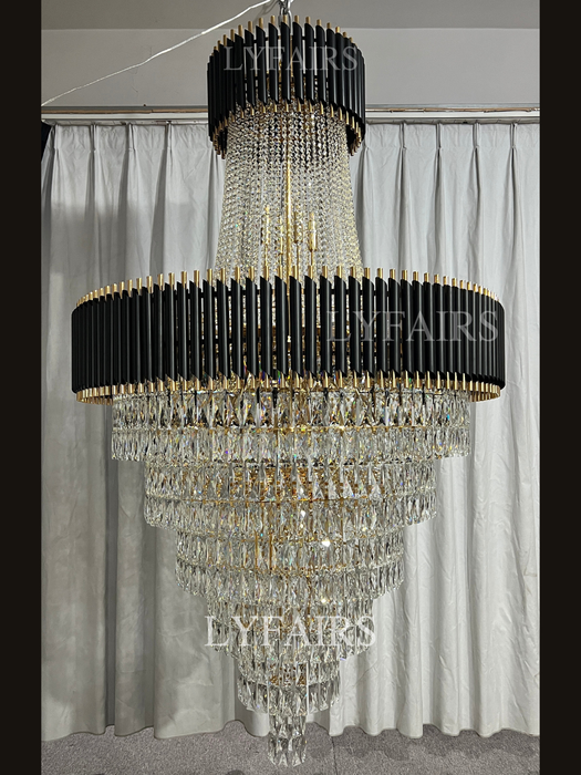 Lampadario di cristallo di lusso extra large moderno multistrato oro/nero chiaro per soggiorno a 2 piani, foyer