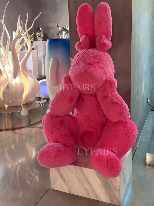Giant Flocked Fur Pink Bunny Sculpture