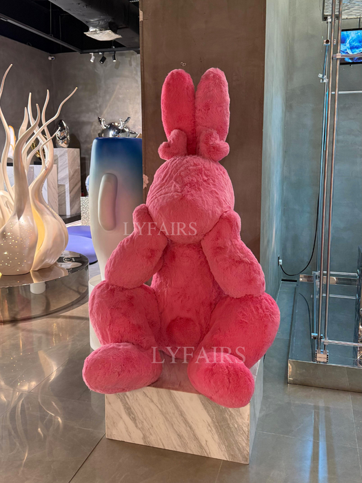 Giant Flocked Fur Pink Bunny Sculpture