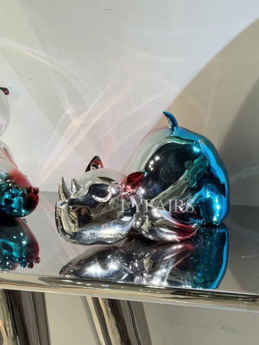 Modern Chrome Rhino Sculpture with Blue Gradient Finish
