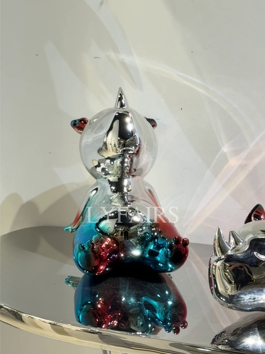 Modern Chrome Rhino Sculpture with Blue Gradient Finish