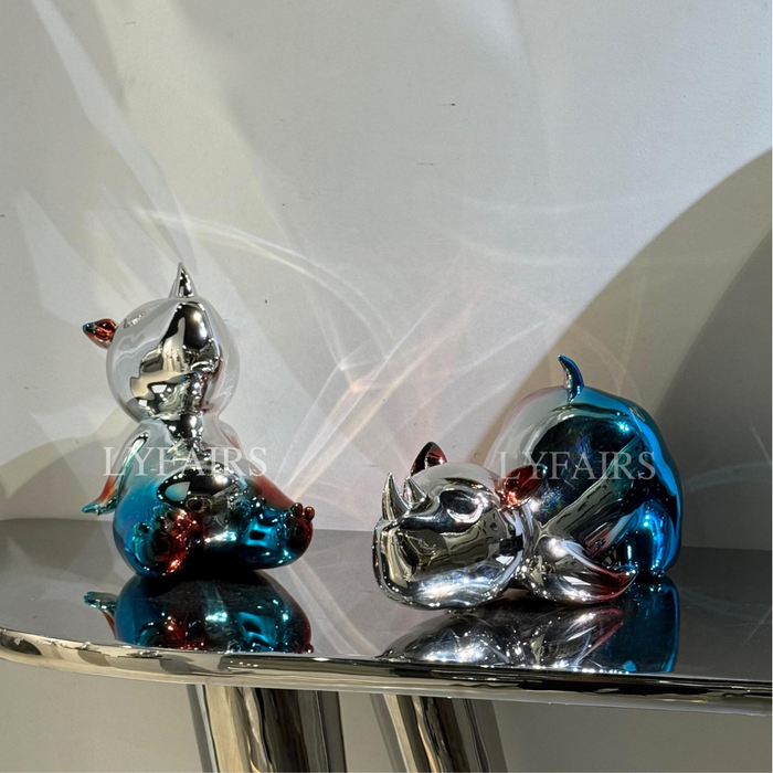 Modern Chrome Rhino Sculpture with Blue Gradient Finish