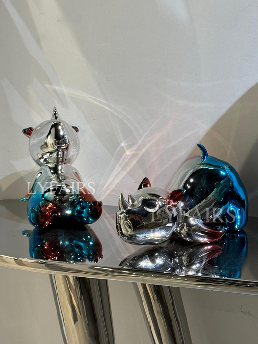 Modern Chrome Rhino Sculpture with Blue Gradient Finish