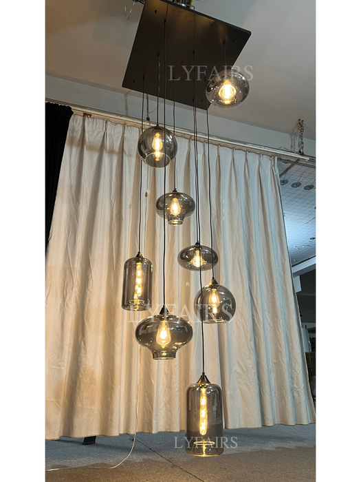 Modern Smoke Gray Glass Pendant Light Fixture Chandelier For 2 Story Foyer/Entryway/Staircase