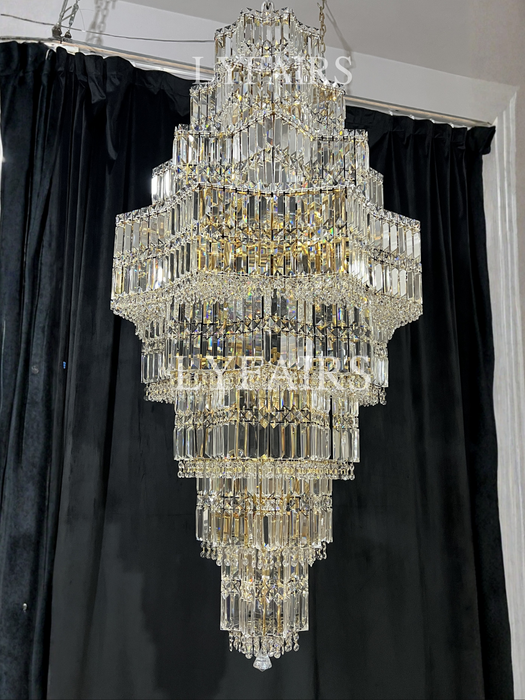 Lampadario di cristallo a più livelli extra large Plaza Hall Foyer Soggiorno Scala Apparecchio di illuminazione a soffitto con finitura cromata / argento