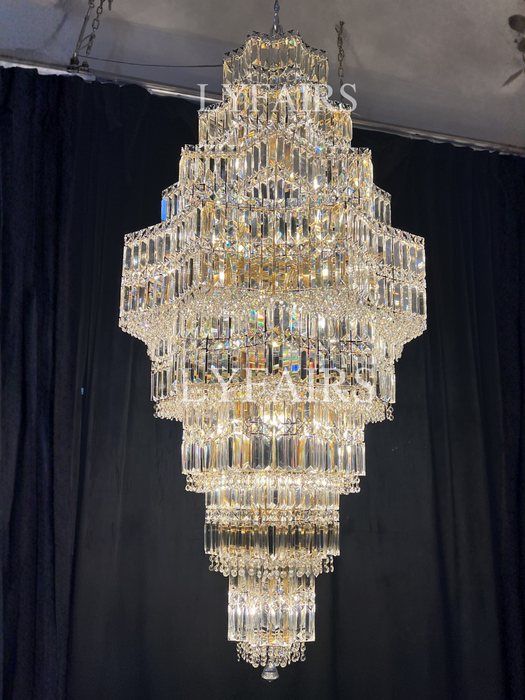 Lampadario di cristallo a più livelli extra large Plaza Hall Foyer Soggiorno Scala Apparecchio di illuminazione a soffitto con finitura cromata / argento