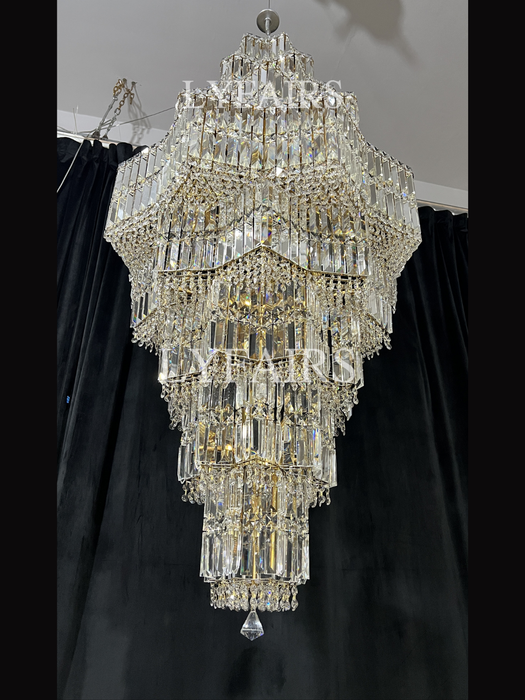 Lampadario di cristallo a più livelli extra large Plaza Hall Foyer Soggiorno Scala Apparecchio di illuminazione a soffitto con finitura cromata / argento