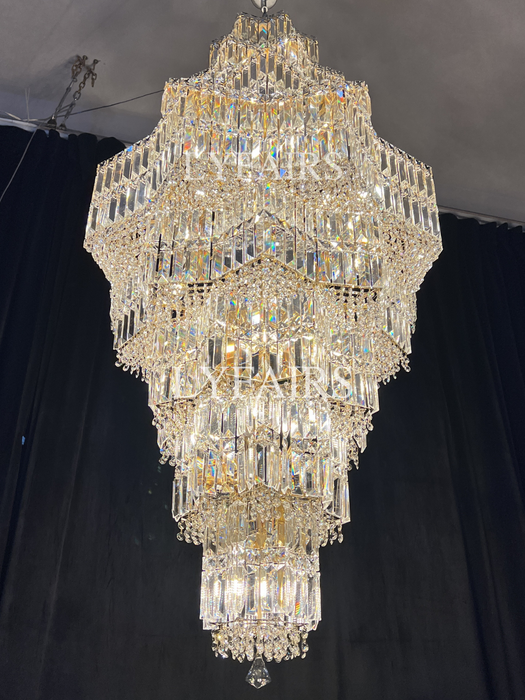 Lampadario di cristallo a più livelli extra large Plaza Hall Foyer Soggiorno Scala Apparecchio di illuminazione a soffitto con finitura cromata / argento