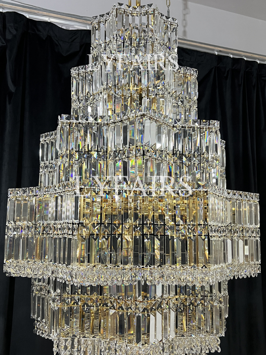 Lampadario di cristallo a più livelli extra large Plaza Hall Foyer Soggiorno Scala Apparecchio di illuminazione a soffitto con finitura cromata / argento