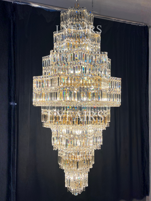 Lampadario di cristallo a più livelli extra large Plaza Hall Foyer Soggiorno Scala Apparecchio di illuminazione a soffitto con finitura cromata / argento