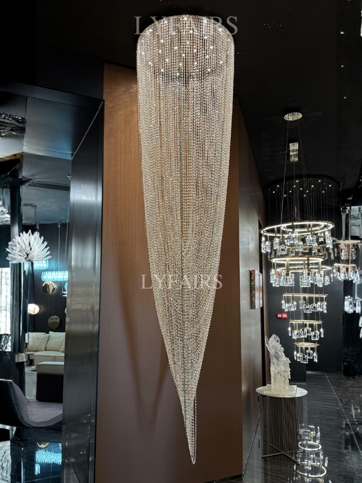 Luxury Waterfall Crystal Flush Mounted Chandelier for High Ceiling