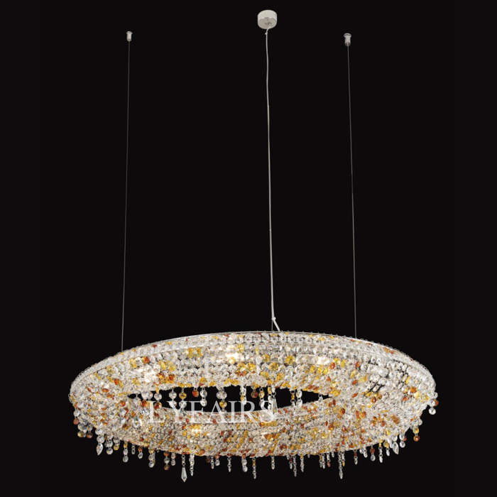 Lámpara de techo de lujo con cuentas de cristal coloridas y círculo excéntrico único para sala de estar y comedor