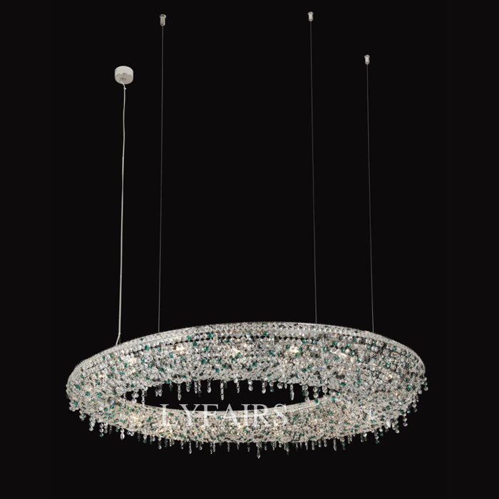 Lámpara de techo de lujo con cuentas de cristal coloridas y círculo excéntrico único para sala de estar y comedor