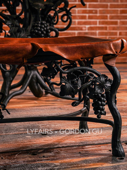 LYFAIRS_x_GORDON_GU_BODEGA_Bench with Brown Leather and Black Grapevine Leg for Dining Room