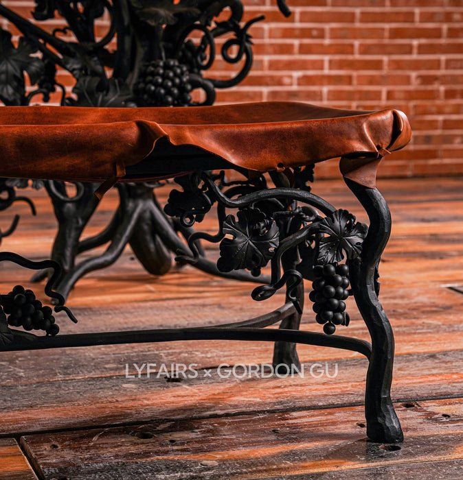 LYFAIRS_x_GORDON_GU_BODEGA_Bench with Brown Leather and Black Grapevine Leg for Dining Room