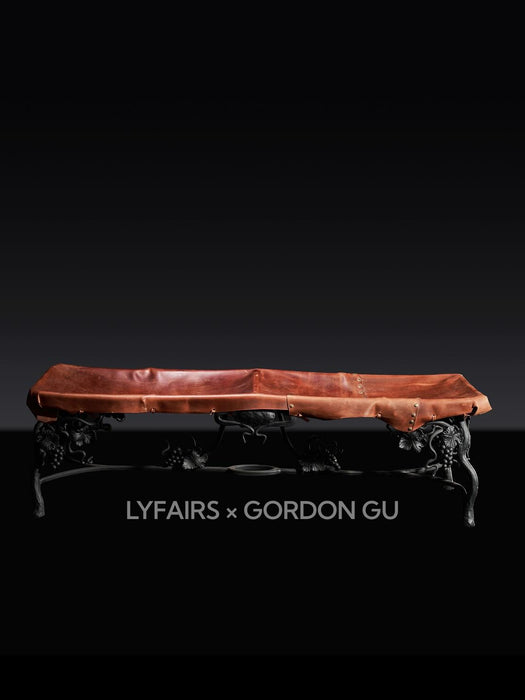 LYFAIRS_x_GORDON_GU_BODEGA_Bench with Brown Leather and Black Grapevine Leg for Dining Room