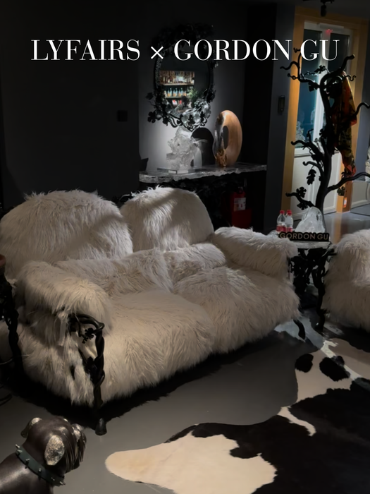 LYFAIRS x GORDON GU Bodega 2/3 seater Sofa with white fur and black grapevine leg for the living room