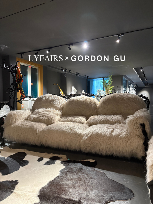 LYFAIRS x GORDON GU Bodega 2/3 seater Sofa with white fur and black grapevine leg for the living room