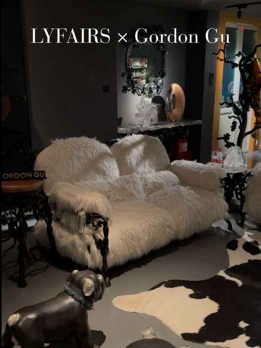 LYFAIRS x GORDON GU Bodega 2/3 seater Sofa with white fur and black grapevine leg for the living room