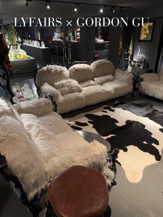 LYFAIRS x GORDON GU Bodega 2/3 seater Sofa with white fur and black grapevine leg for the living room