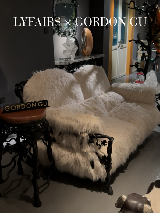 LYFAIRS x GORDON GU Bodega 2/3 seater Sofa with white fur and black grapevine leg for the living room