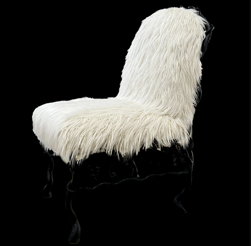 LYFAIRS x GORDON GU Bodega Armrest Dining Chair with White Fur and Black Grapevine Leg