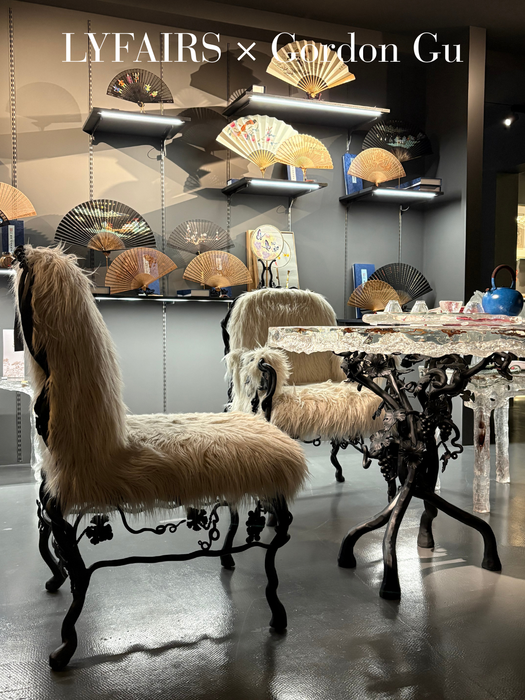 LYFAIRS x GORDON GU Bodega Armrest Dining Chair with White Fur and Black Grapevine Leg