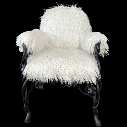 LYFAIRS x GORDON GU Bodega Armrest Dining Chair with White Fur and Black Grapevine Leg