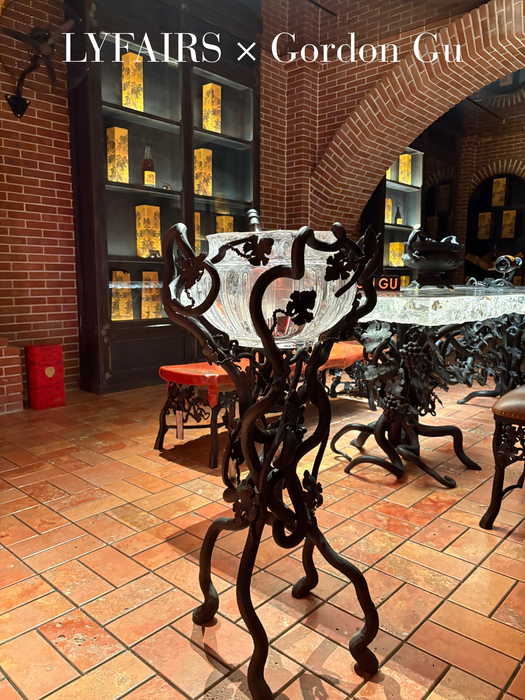 LYFAIRS x GORDON GU Bodega Floor Barrel with Glacier Crystal and Black Grapevine Leg for Luxury Wine Cellar/Dining Room