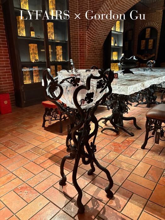 LYFAIRS x GORDON GU Bodega Floor Barrel with Glacier Crystal and Black Grapevine Leg for Luxury Wine Cellar/Dining Room