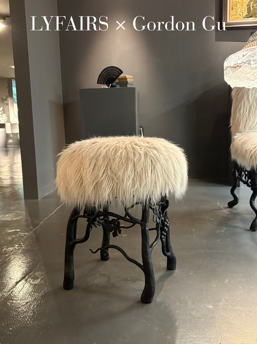 LYFAIRS x GORDON GU Bodega Pouf with white fur and black grapevine leg
