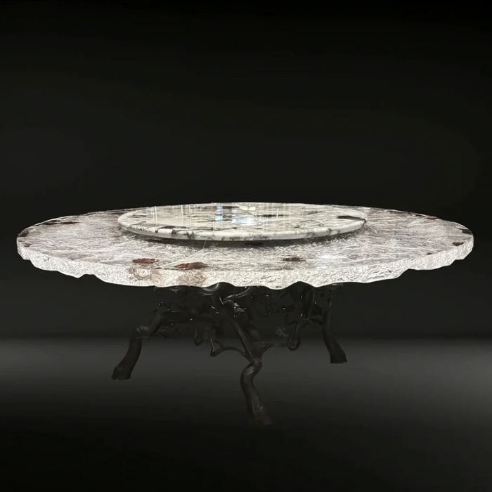 LYFAIRS x GORDON GU Bodega Round Glacier Crystal Dining Table with Rock Turntable and Black Grapevine Leg