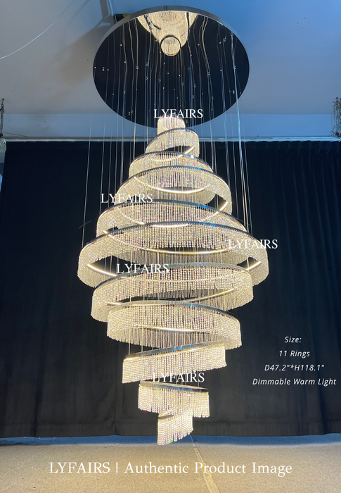 Lámpara de araña con anillos de borlas de cristal largos, accesorio de iluminación de techo alto, Extra grande, para sala de estar y escalera