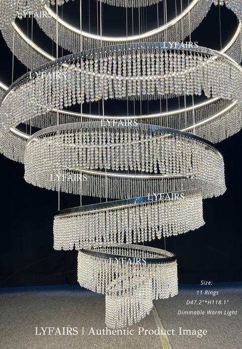 Lámpara de araña con anillos de borlas de cristal largos, accesorio de iluminación de techo alto, Extra grande, para sala de estar y escalera