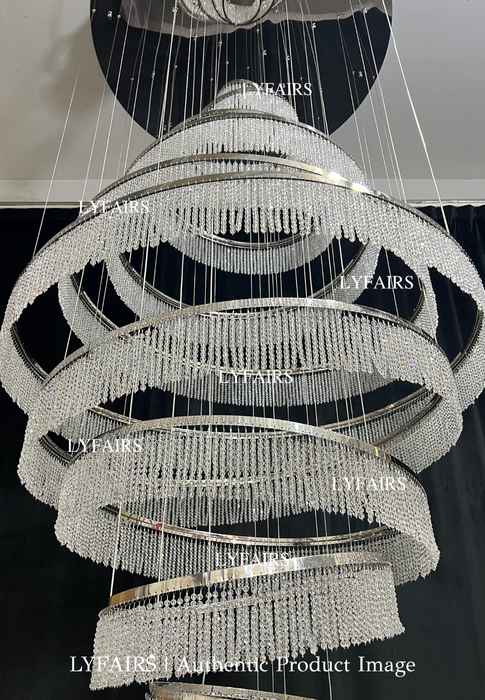 Lámpara de araña con anillos de borlas de cristal largos, accesorio de iluminación de techo alto, Extra grande, para sala de estar y escalera