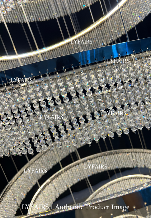 Lámpara de araña con anillos de borlas de cristal largos, accesorio de iluminación de techo alto, Extra grande, para sala de estar y escalera