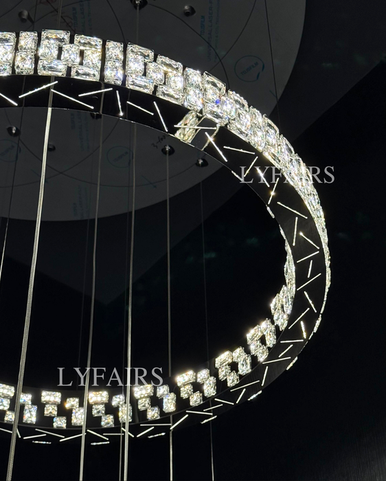Luxe Cascading Multi-Ring Crystal Stairwell Chandelier for Staircase/Lobby