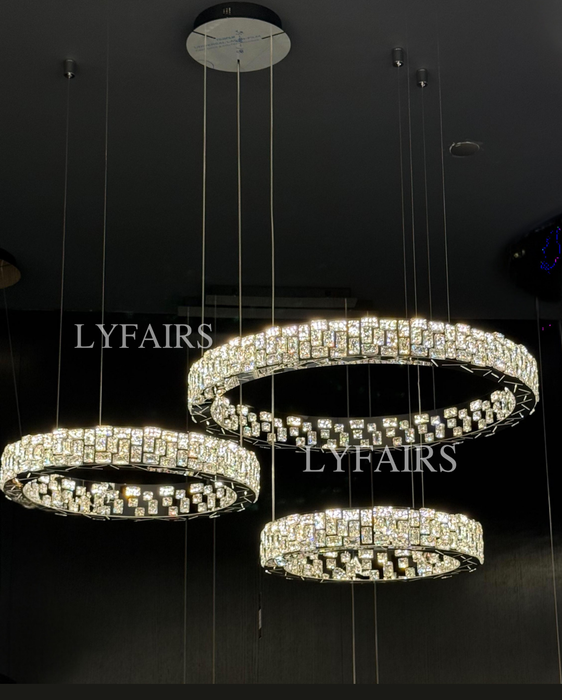 Luxe Cascading Multi-Ring Crystal Stairwell Chandelier for Staircase/Lobby