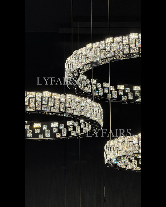 Luxe Cascading Multi-Ring Crystal Stairwell Chandelier for Staircase/Lobby
