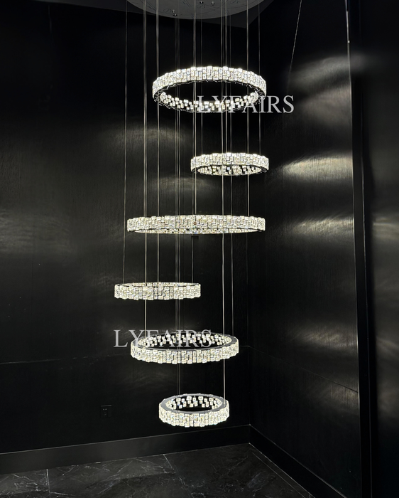 Luxe Cascading Multi-Ring Crystal Stairwell Chandelier for Staircase/Lobby