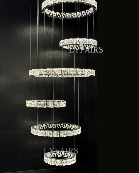 Luxe Cascading Multi-Ring Crystal Stairwell Chandelier for Staircase/Lobby