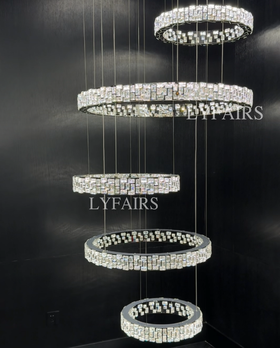 Luxe Cascading Multi-Ring Crystal Stairwell Chandelier for Staircase/Lobby