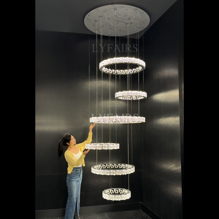 Luxe Cascading Multi-Ring Crystal Stairwell Chandelier for Staircase/Lobby